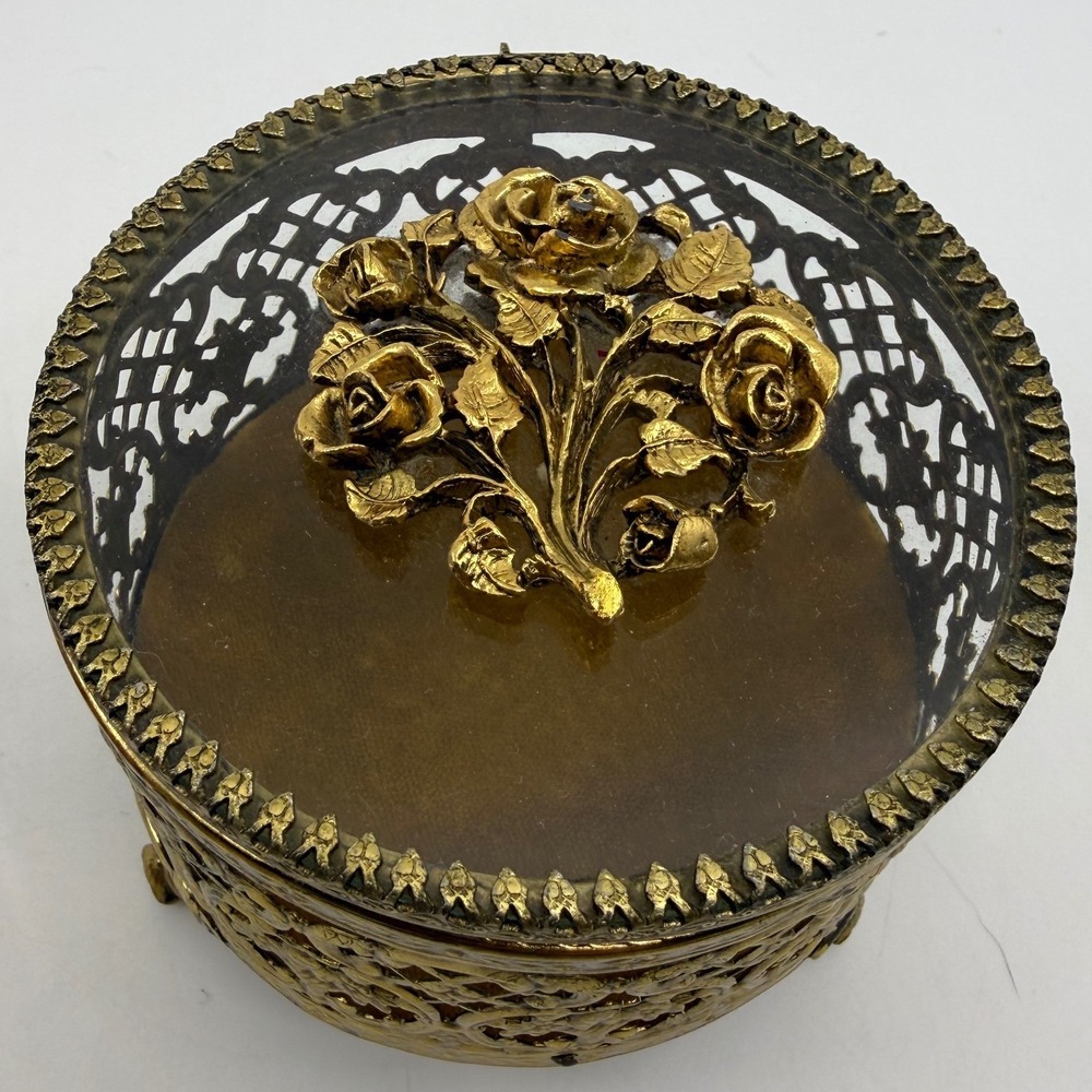 Vintage Gold Filigree Glass Rose Trinket Box Footed Hollywood Regency Round